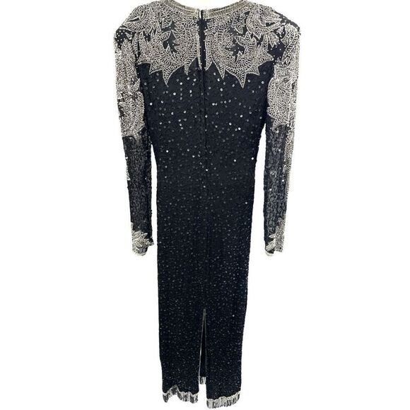 Vintage Fully Beaded Black Silver Evening Gown XL 14 Sequin Long Dress A… - Picture 10 of 16